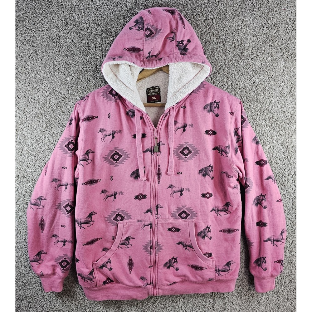 C.E. Schmidt Pink Aztec Horse Print Country Sherpa Lined Jacket Hoodie Womens XL